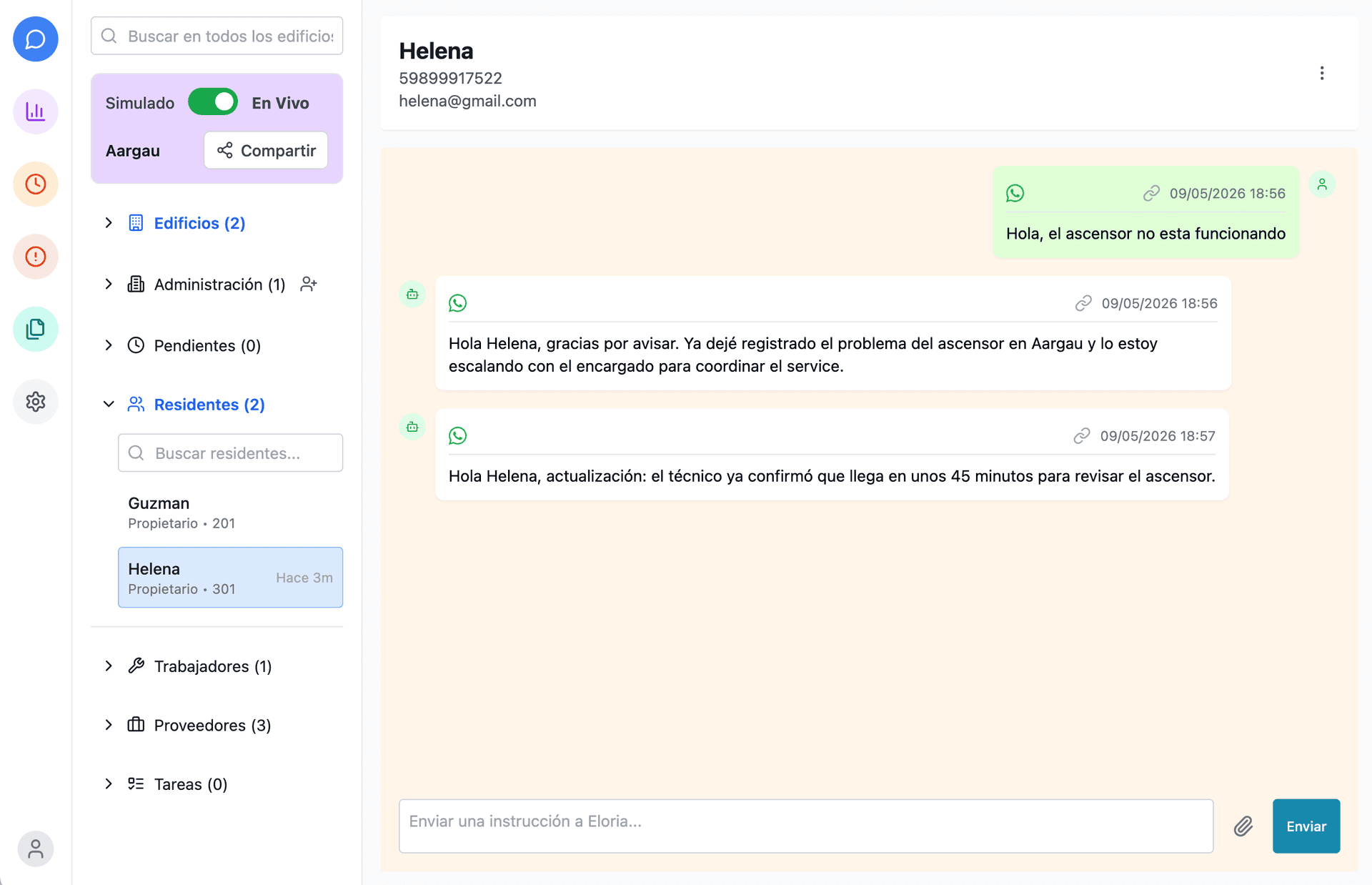 Vista previa del panel de gestión de Eloria